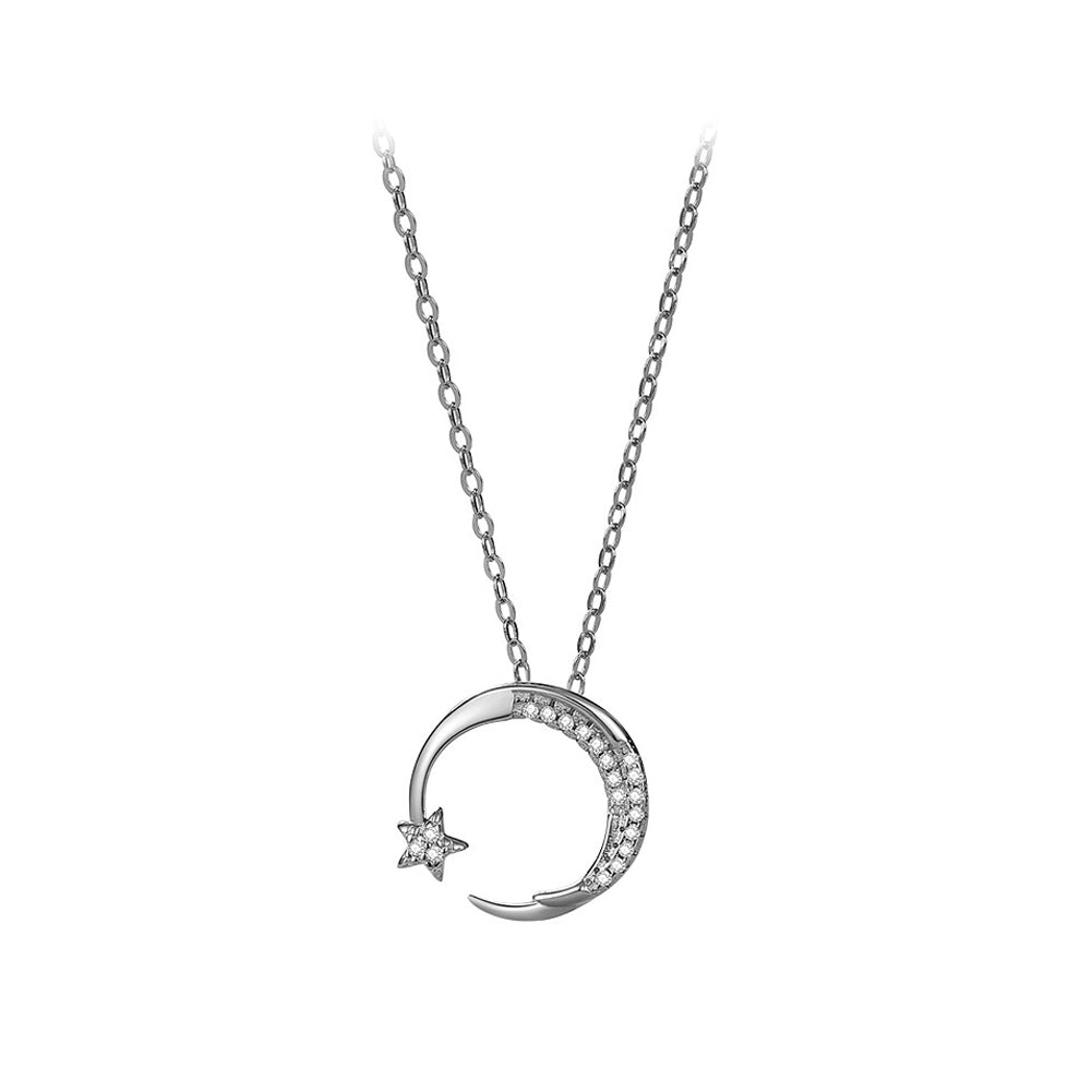925 Sterling Silver Fashion Simple Star Moon Pendant with Cubic Zirconia and Necklace