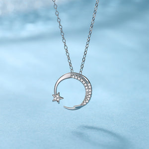 925 Sterling Silver Fashion Simple Star Moon Pendant with Cubic Zirconia and Necklace