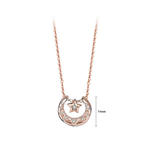 925 Sterling Silver Plated Rose Gold Fashion Simple Moon Star Pendant with Cubic Zirconia and Necklace