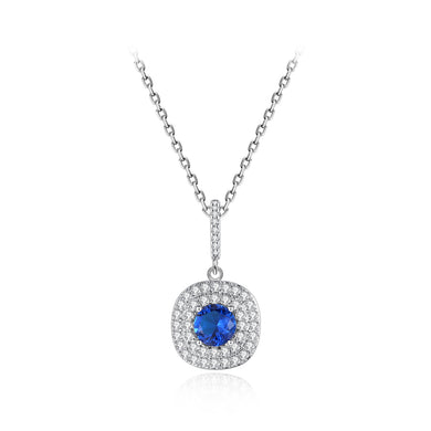 Fashion Brilliant Geometric Round Pendant with Blue Cubic Zirconia and Necklace