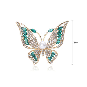 Elegant Brilliant Plated Gold Butterfly Imitation Pearl Brooch with Green Cubic Zirconia