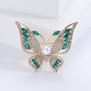 Elegant Brilliant Plated Gold Butterfly Imitation Pearl Brooch with Green Cubic Zirconia