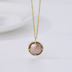 925 Sterling Silver Plated Gold Simple Vintage Geometric Round Irregular Freshwater Pearl Pendant with Necklace