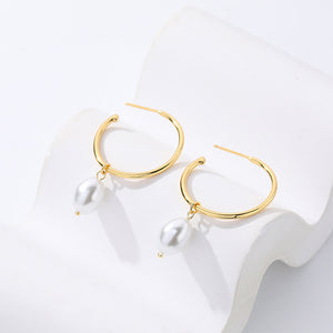 925 Sterling Silver Plated Gold Simple Elegant C Shape Geometric Imitation Pearl Earrings