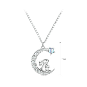 925 Sterling Silver Fashion Simple Rabbit Moon Pendant with Cubic Zirconia and Necklace