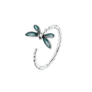 925 Sterling Silver Fashion Temperament Enamel Dragonfly Geometric Adjustable Open Ring