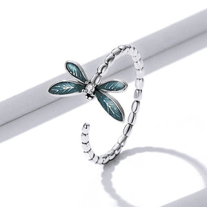 925 Sterling Silver Fashion Temperament Enamel Dragonfly Geometric Adjustable Open Ring