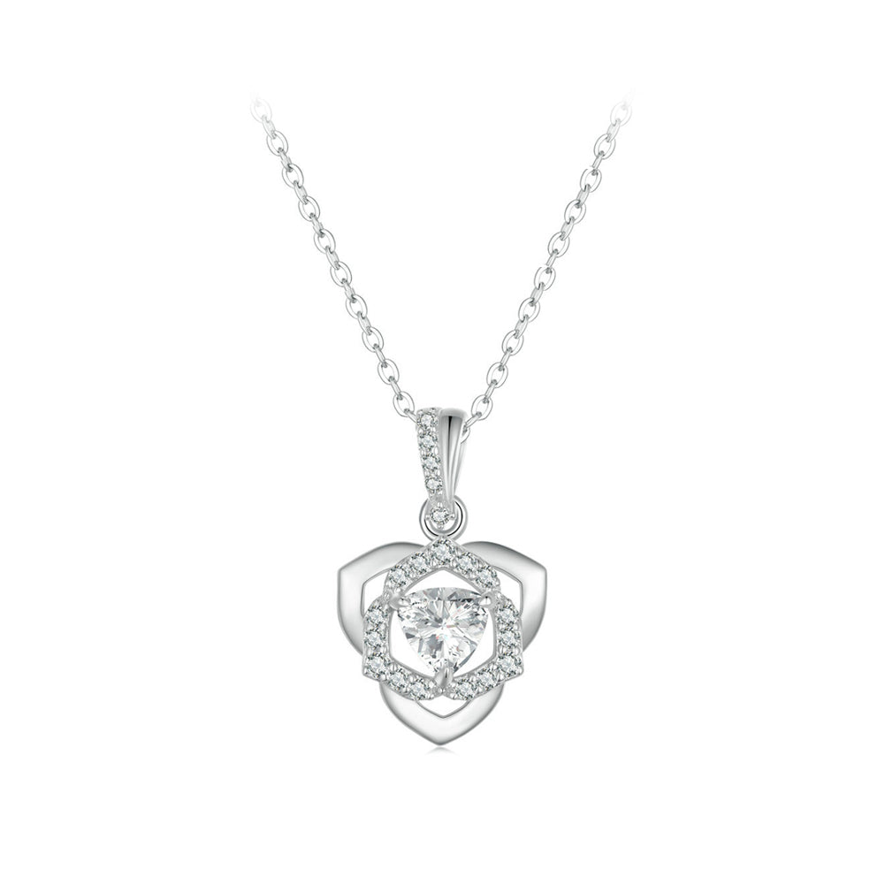 925 Sterling Silver Fashion Romantic Hollow Rose Pendant with Cubic Zirconia and Necklace