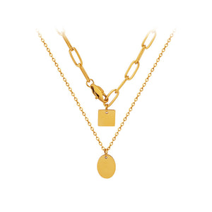 Fashion Simple Plated Gold 316L Stainless Steel Oval Square Double Layer Pendant with Necklace