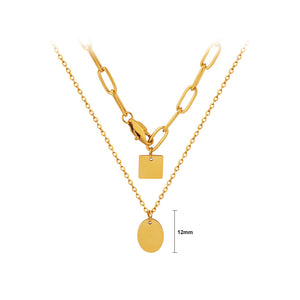Fashion Simple Plated Gold 316L Stainless Steel Oval Square Double Layer Pendant with Necklace
