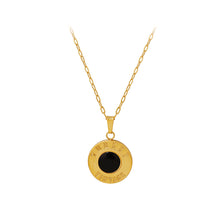 Load image into Gallery viewer, Simple and Elegant Plated Gold 316L Stainless Steel English Alphabet Geometric Round Pendant with Black Cats Eye and Necklace