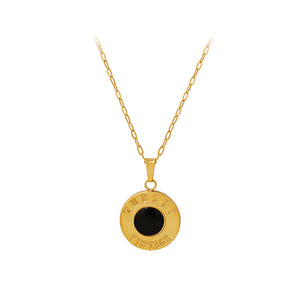 Simple and Elegant Plated Gold 316L Stainless Steel English Alphabet Geometric Round Pendant with Black Cats Eye and Necklace