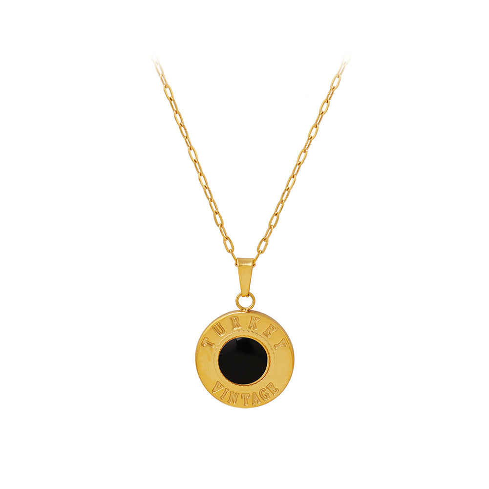 Simple and Elegant Plated Gold 316L Stainless Steel English Alphabet Geometric Round Pendant with Black Cats Eye and Necklace