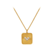 Load image into Gallery viewer, Fashion Simple Plated Gold 316L Stainless Steel Pattern Heart-shaped Square Pendant with White Cubic Zirconia and Necklace