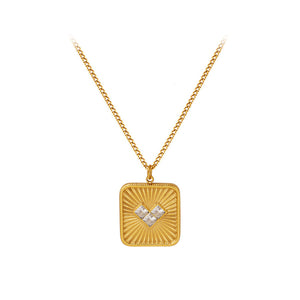 Fashion Simple Plated Gold 316L Stainless Steel Pattern Heart-shaped Square Pendant with White Cubic Zirconia and Necklace