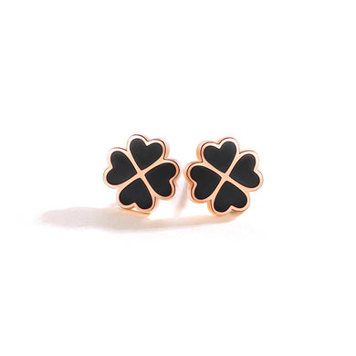 925 Sterling Silver Plated Rose Gold Fashion Simple Enamel Black Four-leafed Clover Stud Earrings