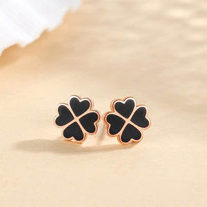 925 Sterling Silver Plated Rose Gold Fashion Simple Enamel Black Four-leafed Clover Stud Earrings