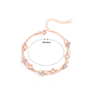 925 Sterling Silver Plated Rose Gold Fashion Temperament Hollow Four-leafed Clover Double Layer Bracelet with Cubic Zirconia