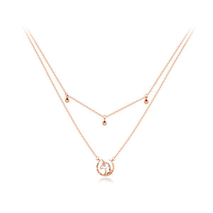 925 Sterling Silver Plated Rose Gold Fashion Creative Unicorn Moon Pendant with Cubic Zirconia and Double Layer Necklace