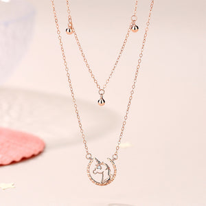 925 Sterling Silver Plated Rose Gold Fashion Creative Unicorn Moon Pendant with Cubic Zirconia and Double Layer Necklace