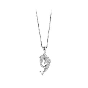 925 Sterling Silver Fashion Lovely Double Dolphin Pendant with Cubic Zirconia and Necklace