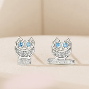 925 Sterling Silver Fashion Cute Owl Stud Earrings with Blue Cubic Zirconia