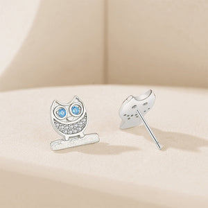 925 Sterling Silver Fashion Cute Owl Stud Earrings with Blue Cubic Zirconia