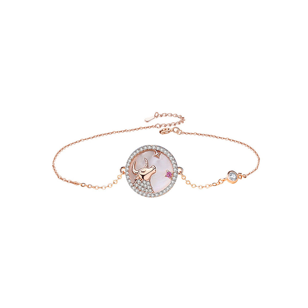 925 Sterling Silver Plated Rose Gold Fashion Temperament Twelve Constellations Taurus Geometric Bracelet with Cubic Zirconia