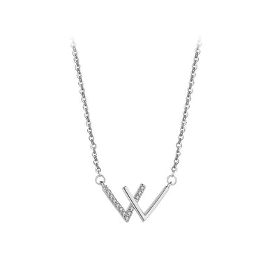 925 Sterling Silver Simple Alphabet W Pendant with Cubic Zirconia and Necklace