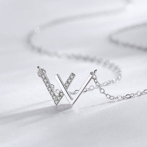 925 Sterling Silver Simple Alphabet W Pendant with Cubic Zirconia and Necklace