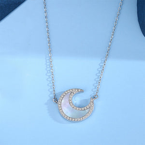 925 Sterling Silver Simple Temperament Moon Mother-of-pearl Pendant with Cubic Zirconia and Necklace