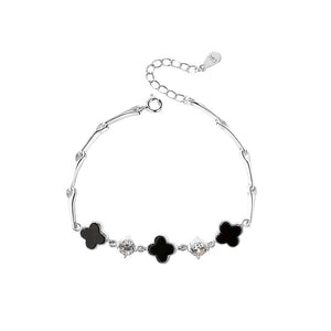 925 Sterling Silver Fashion Temperament Four-Leafed Clover Imitation Black Agate Bracelet with Cubic Zirconia