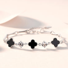 Load image into Gallery viewer, 925 Sterling Silver Fashion Temperament Four-Leafed Clover Imitation Black Agate Bracelet with Cubic Zirconia
