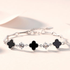 925 Sterling Silver Fashion Temperament Four-Leafed Clover Imitation Black Agate Bracelet with Cubic Zirconia