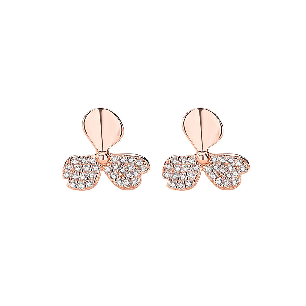925 Sterling Silver Plated Rose Gold Fashion Simple Three-leafed Clover Stud Earrings with Cubic Zirconia