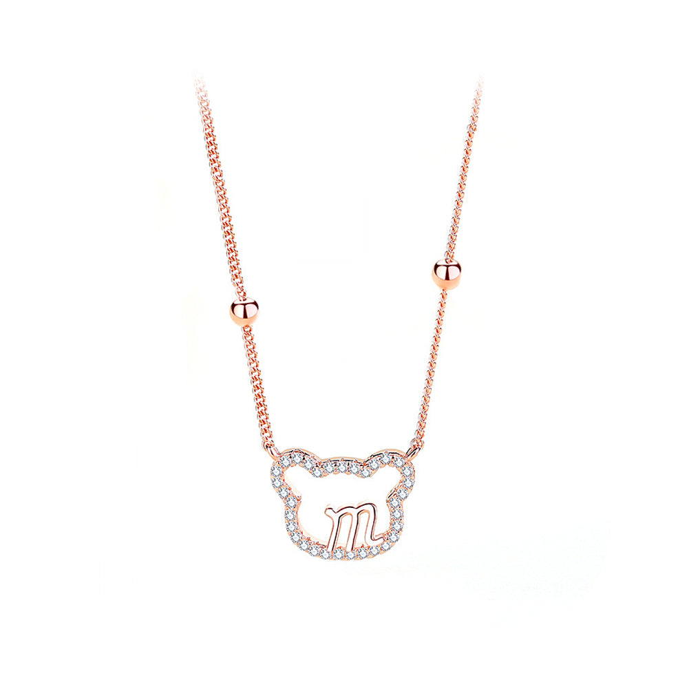 925 Sterling Silver Plated Rose Gold Simple Cute Alphabet M Bear Pendant with Cubic Zirconia and Necklace