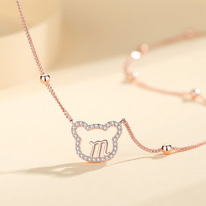 925 Sterling Silver Plated Rose Gold Simple Cute Alphabet M Bear Pendant with Cubic Zirconia and Necklace