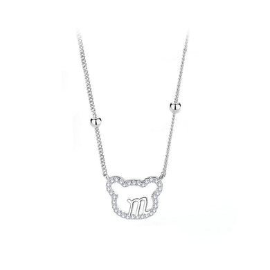 925 Sterling Silver Simple Cute Alphabet M Bear Pendant with Cubic Zirconia and Necklace