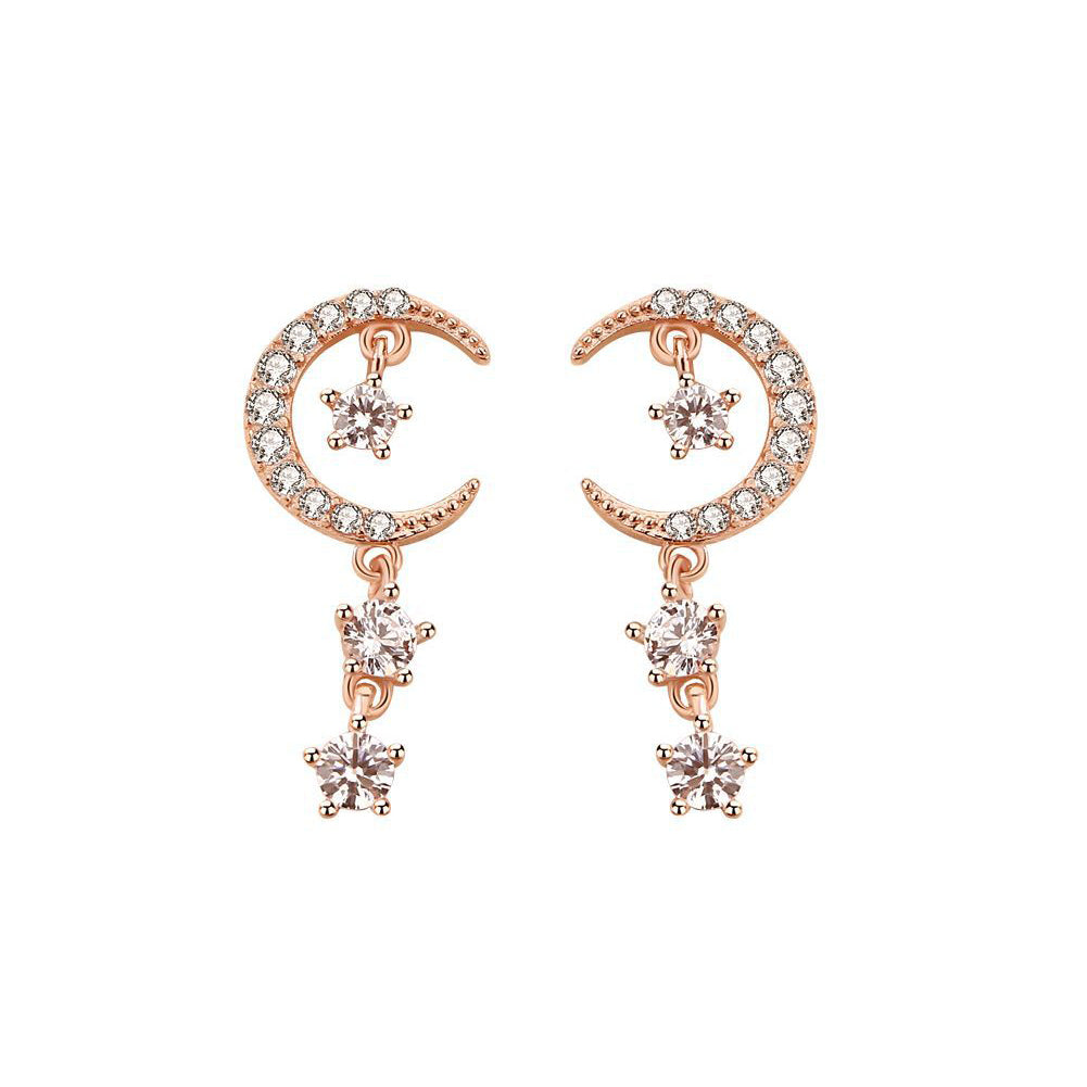 925 Sterling Silver Plated Rose Gold Fashion Brilliant Moon Star Tassel Earrings with Cubic Zirconia