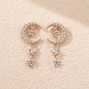 925 Sterling Silver Plated Rose Gold Fashion Brilliant Moon Star Tassel Earrings with Cubic Zirconia