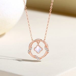 925 Sterling Silver Plated Rose Gold Simple Temperament Four-leafed Clover Wreath Pendant with Cubic Zirconia and Necklace