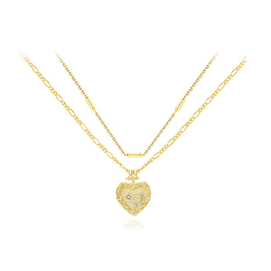 925 Sterling Silver Plated Gold Fashion Simple Heart Pendant with Cubic Zirconia and Double Layer Necklace