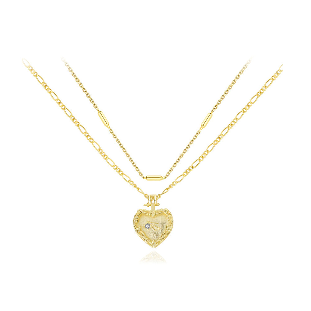 925 Sterling Silver Plated Gold Fashion Simple Heart Pendant with Cubic Zirconia and Double Layer Necklace