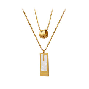 Fashion Personality Plated Gold 316L Stainless Steel Geometric White Shell Rectangular Ring Pendant with Double Necklace