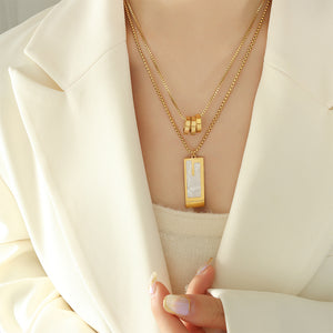 Fashion Personality Plated Gold 316L Stainless Steel Geometric White Shell Rectangular Ring Pendant with Double Necklace