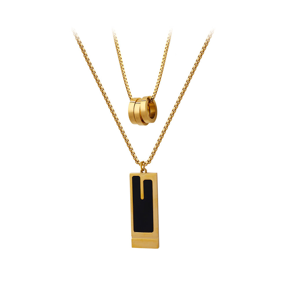 Fashion Personality Plated Gold 316L Stainless Steel Geometric Black Shell Rectangular Ring Pendant with Double Necklace