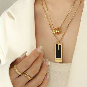 Fashion Personality Plated Gold 316L Stainless Steel Geometric Black Shell Rectangular Ring Pendant with Double Necklace