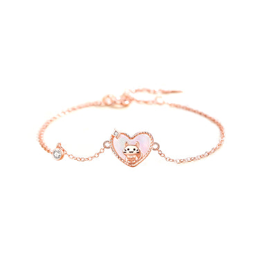 925 Sterling Silver Plated Rose Gold Cute and Sweet Cat Mother-of-Pearl Heart Bracelet with Cubic Zirconia