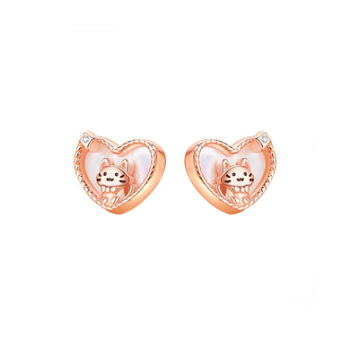 925 Sterling Silver Plated Rose Gold Lovely Sweet Cat Mother-of-pearl Heart Stud Earrings with Cubic Zirconia