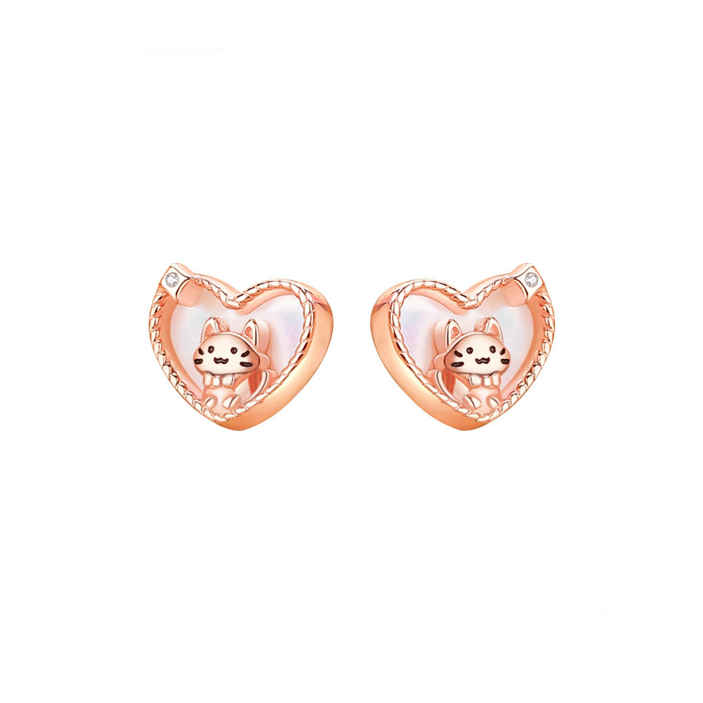 925 Sterling Silver Plated Rose Gold Lovely Sweet Cat Mother-of-pearl Heart Stud Earrings with Cubic Zirconia